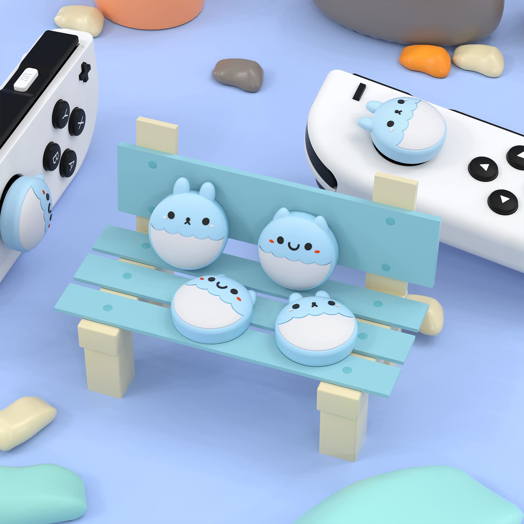 eXtremeRate PlayVital Rabbit & Squirrel Cute Thumb Grip Caps for Nintendo Switch, Heaven Blue Joystick Caps for Nintendo Switch Lite, Analog Cover Thumbstick Grips for OLED Joycon