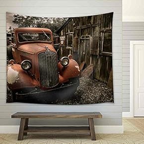 Jerome Arizona Ghost Town Mine and Red Old Truck Car - Fabric Wall Tapestry Home Decor - 51x60 inches