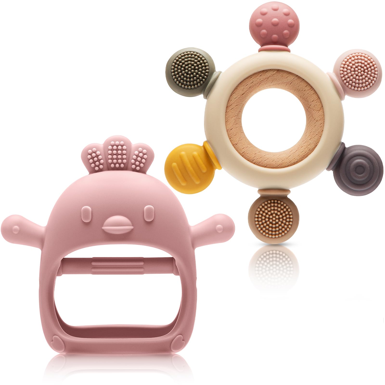 Photo 1 of 2 Packs Baby Teething Toy for 3-6 6-12 Months, Teether Mitten & Silicone Rudder with Wooden Ring, Food Grade Silicone, BPA-Free, Baby Chew Toys for Sucking Needs