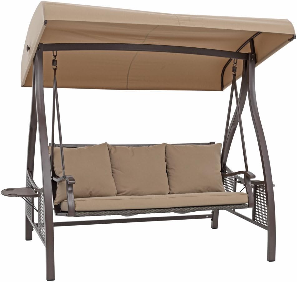 Backyard Patio Seat - TrueShade Plus, 3 Person Swinging Seat Bench with Waterproof Shade Canopy and Cup Holders (6.6' x 4.5' x 6.2') Heather Beige