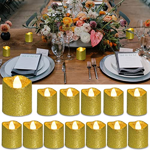 LOGUIDE Gold Flameless Votive Candles,Battery Operated Gold Glitter LED