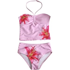 RoseSeek Girl's 2 Piece Floral Tankini Set Summer Swimsuit Halter Beachwear | Sleeveless Tops and Panties, Kids Tankini, Tank