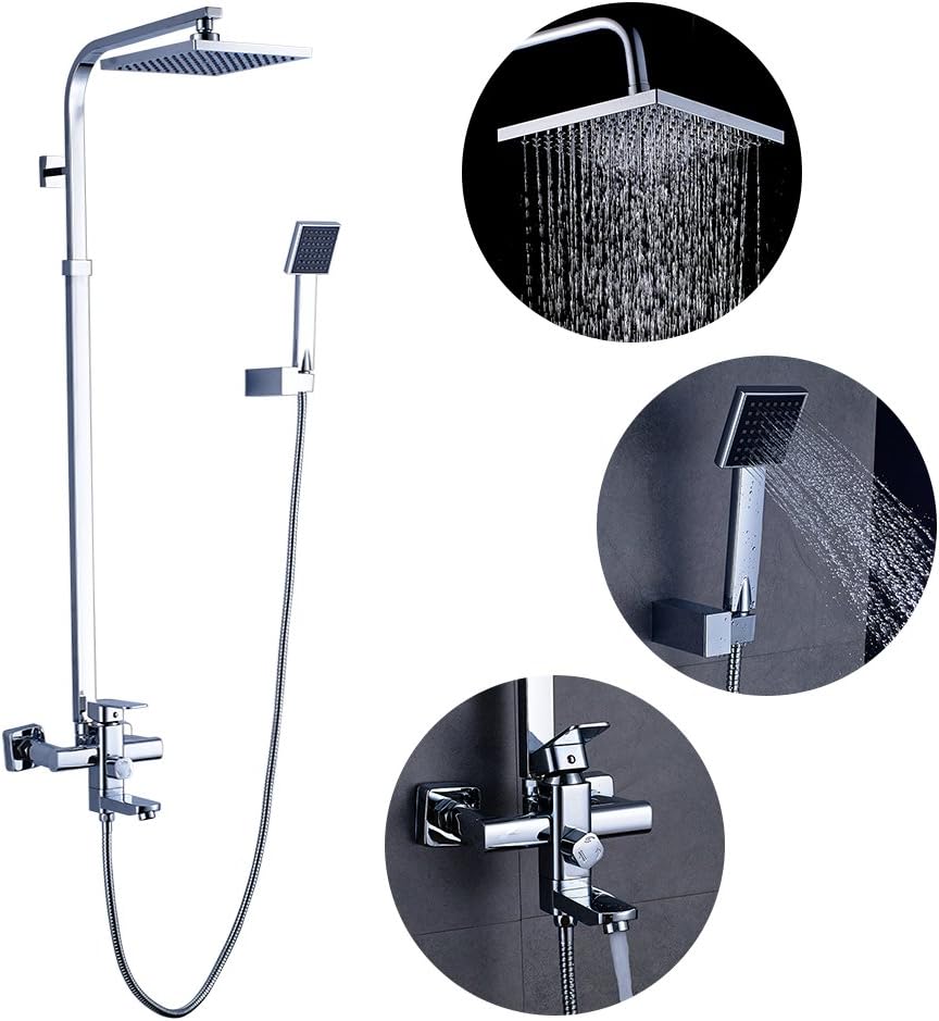 Obeeonr Mixing Shower System adjustable 80-125CM Polished Chrome Shower Sets Bathroom Washroom Basin Mixer Taps Waterfall Rainfall Incl. Hand shower, Top shower and wash tap [Energy Class A++]