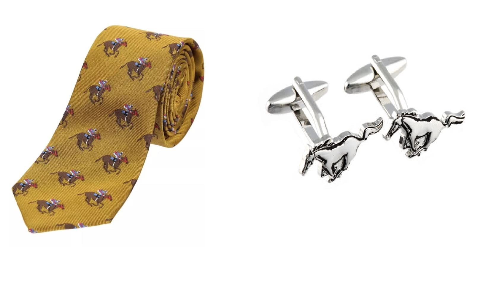 Soprano Gold horse racing Silk Tie with racing cufflinks in a lovely black gift box.