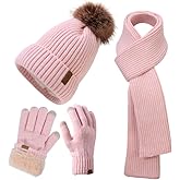 Winter Beanie Hat Scarf Gloves Set for Women, Classic Beanie with Removable Pom Pom Long Scarf Touchscreen Gloves 3 in 1 Set