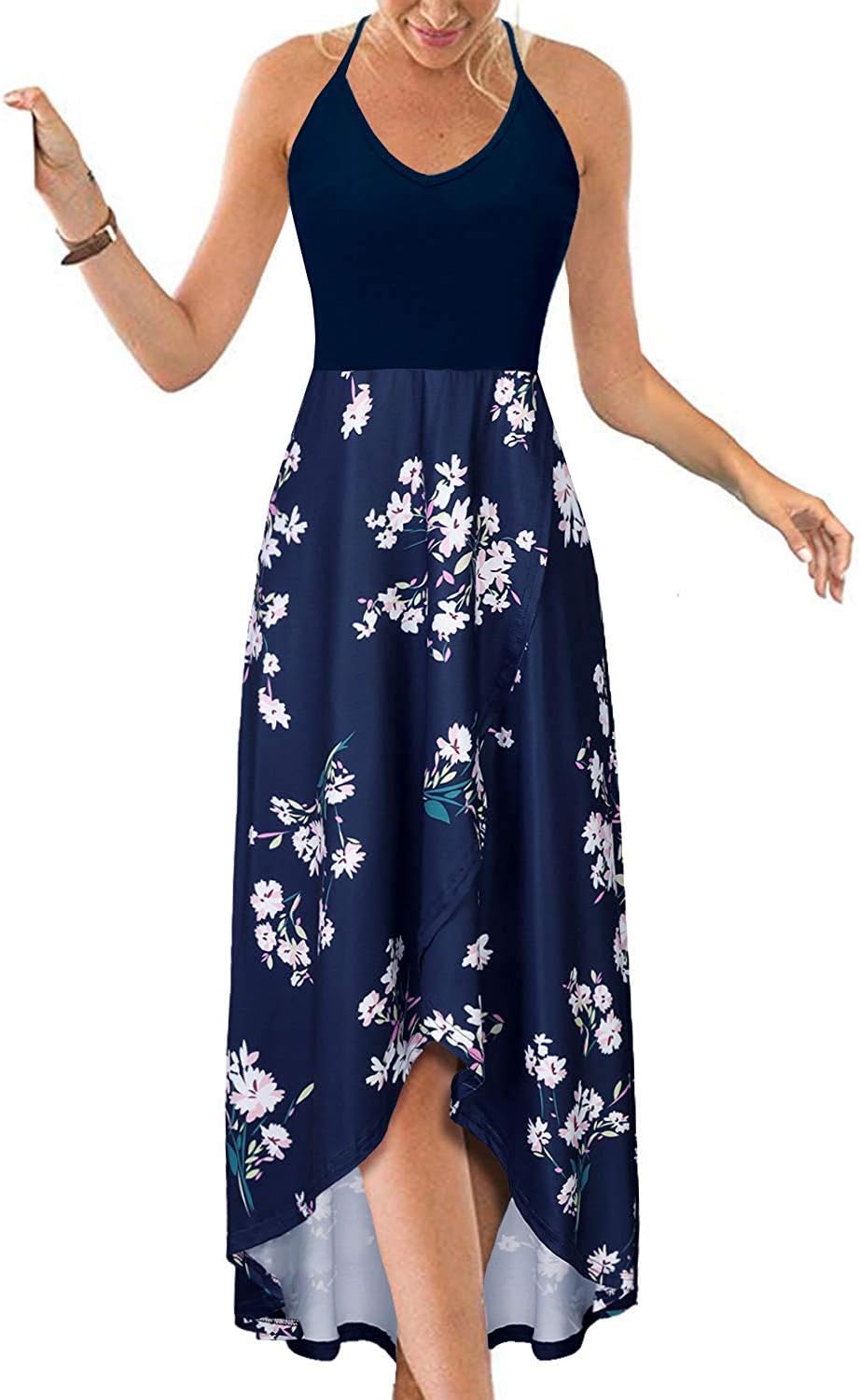 KILIG Women's V Neck Sleeveless Casual Summer Sundresses Asymmetrical Patchwork Floral Maxi Dresses