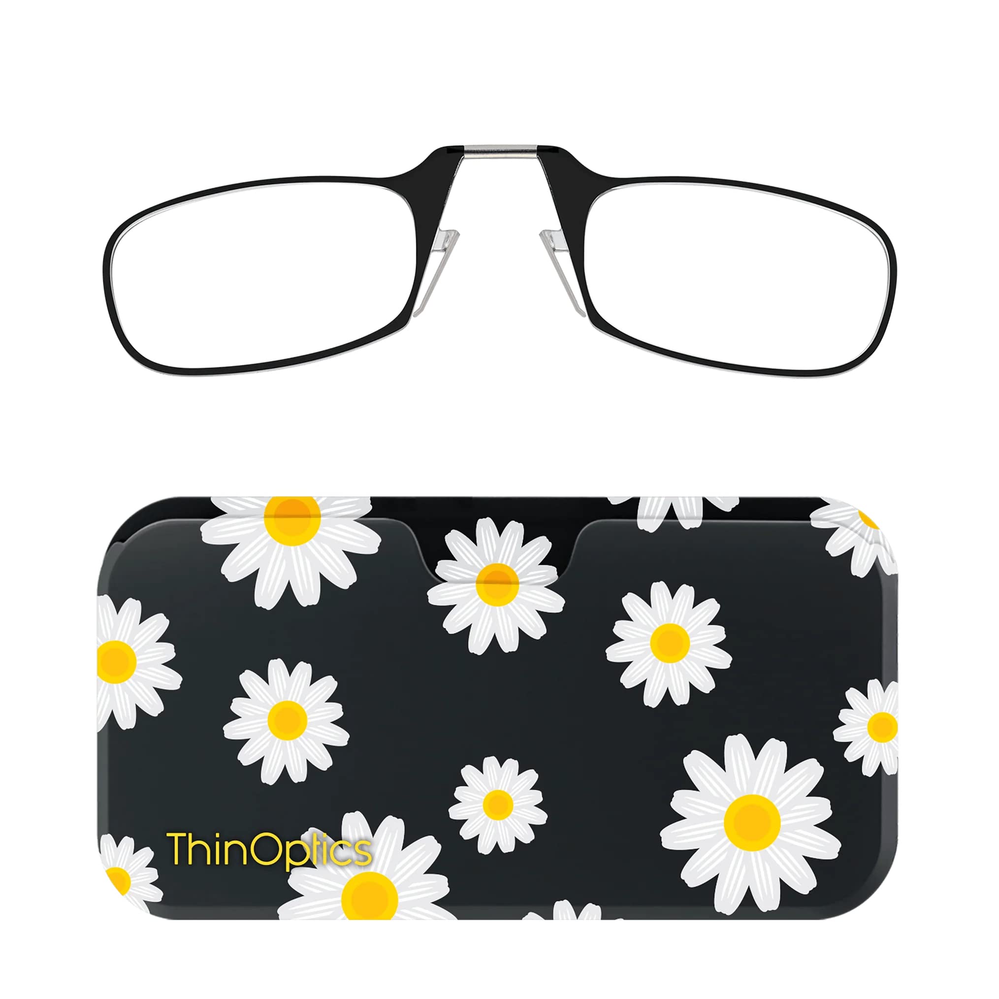 ThinOptics Reading Glasses 2.50 Black Frames with Daisy Universal Pod Compact Case - Ultra-light Foldable Rectangular Glasses - Clip-on Nose - 2.50 Strength with Flex-Fit Technology