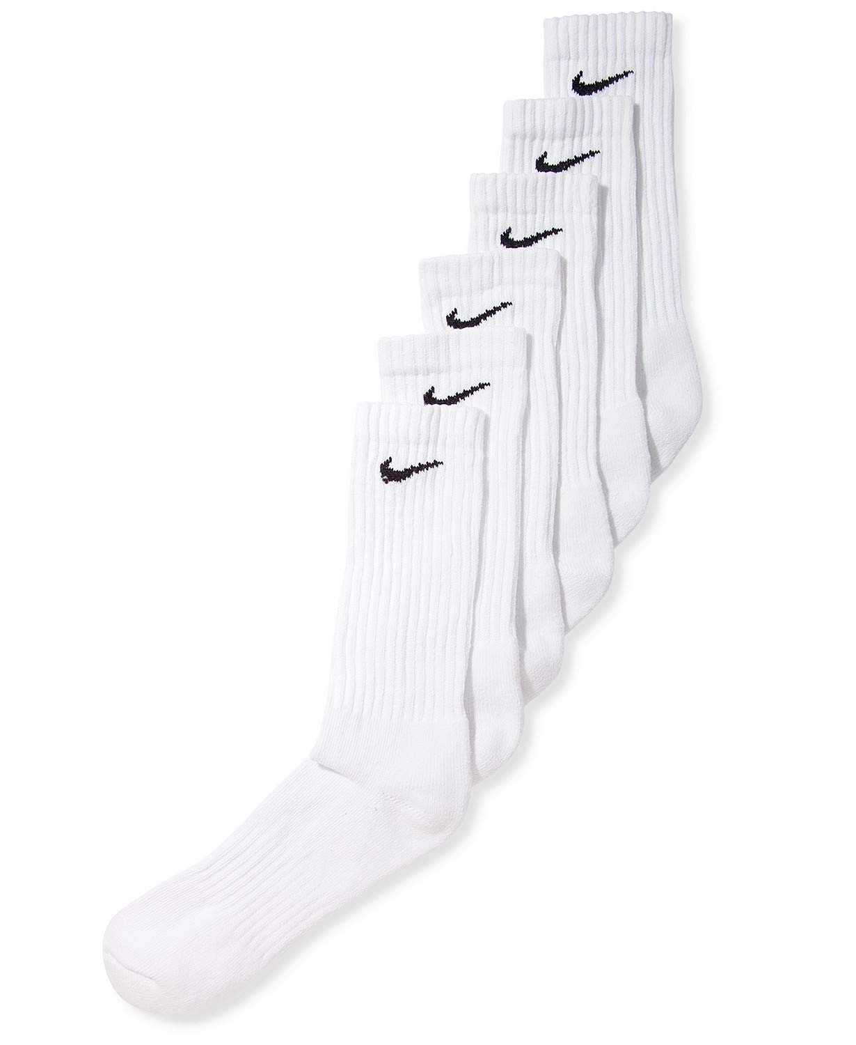 NIKE Dri-Fit Classic Cushioned Crew Socks 6 PAIR White with Black Swoosh Logo) LARGE 8-12