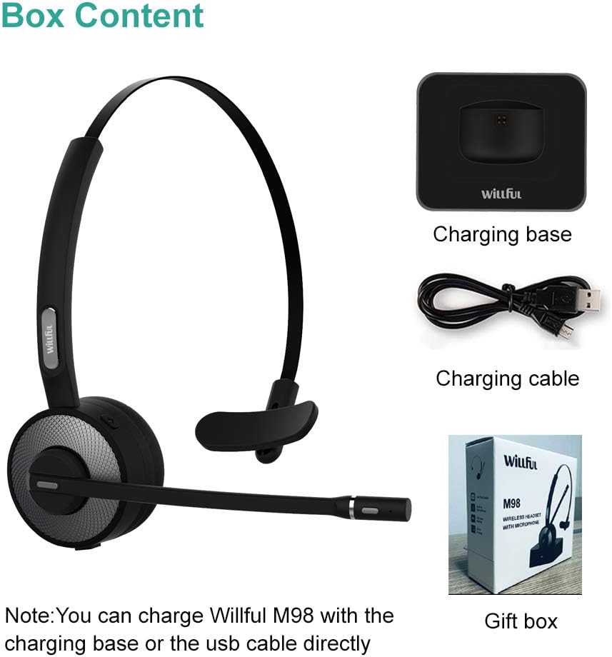 Willful M98 Bluetooth Headset Wireless Headset with Microphone Charging Base Pro Clear Sound for Car Truck Driver Call Center Home Office PC: Electronics