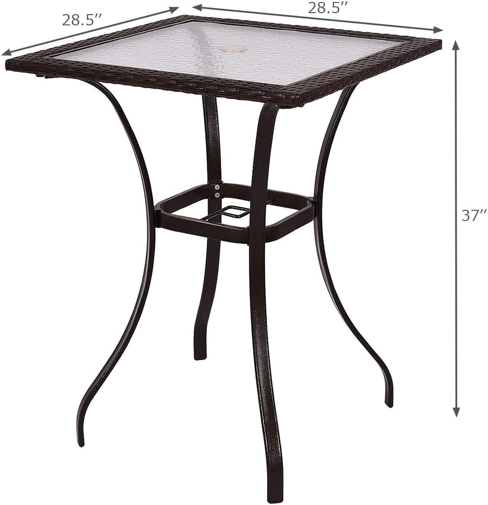 TANGKULA Patio Table Outdoor Garden Balcony Poolside Lawn Glass Top Steel Frame All Weather Dining Bistro Table (Mix Brown Square 28.5"): Kitchen & Dining