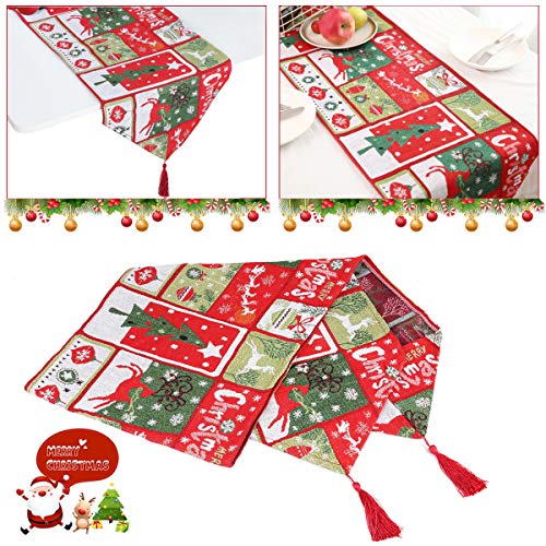 WizPower Christmas Table Runner, Cotton & Burlap Table Runner, Christmas Tree Elk Table Cloth for Christmas Table Decoration, Family Dinners or Gatherings, Indoor or Outdoor Parties
