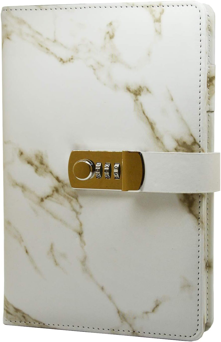 Lirener PU Leather Password Notebook(Marble pattern), A5 Size Wire Binding Fashion Daily Notebook Password Diary Sketchbook Planner Organizer with Combination Lock Pen Holder, 150x218mm