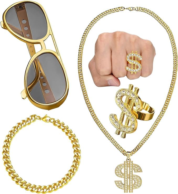 NAMIC 4 Piece Dollar Chain Set, 70s 80s 90s Costume Men, Costume, Dollar Sign, Gold Bracelet, Rapper Accessories, for Cosplay, Halloween, Carnival, Theme Party, one size