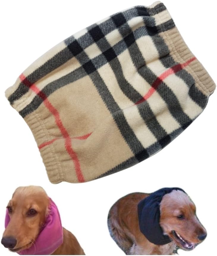 EAR GUARD COVERS IN FLEECE (FANTASY BURBERRY) - Winter Earmuffs for dogs, suitable for cocker spaniels and dogs with long ears and pendants (Burberry beige, Large)