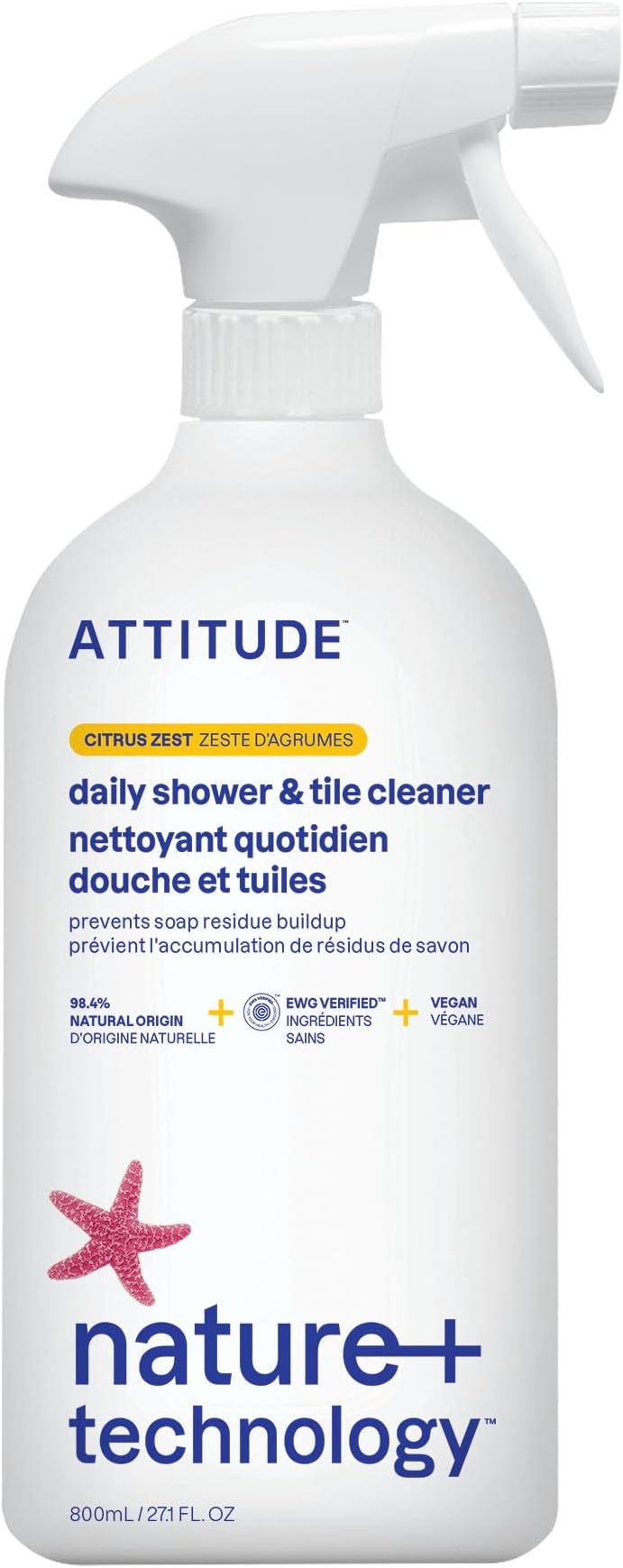 ATTITUDE Shower & Tile Cleaner, Plant-Based, EWG Verified, 800 mL