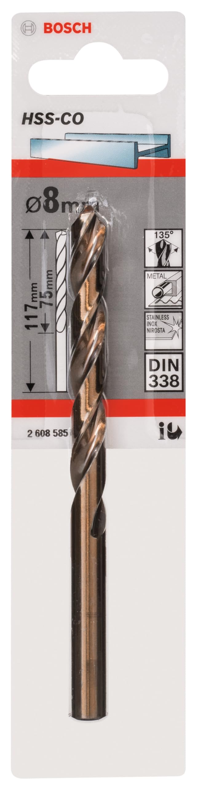 Bosch Accessories HSS-Co Metal Drill Bit (Stainless Steel, 8 x 75 x 117 mm, Accessory Drill Driver)
