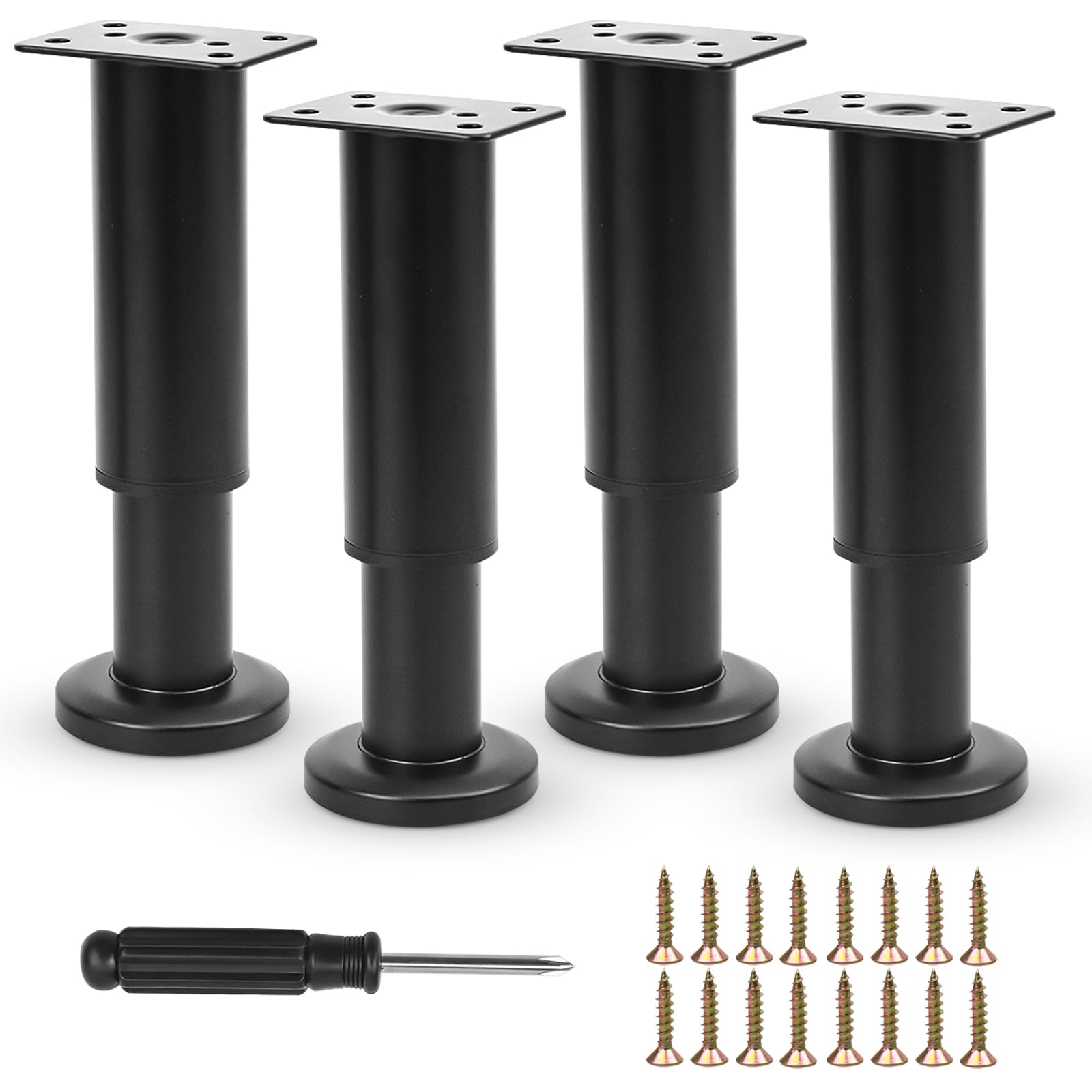 Furniture Adjustable Legs, Metal Bed Support Leg Central Slat Frame Couch Replacement Support Leg Part Heavy Duty Furniture Foot with Screwdriver for Cabinet/Dresser/Table/Sofa 12-18cm (Black 4 Pcs)