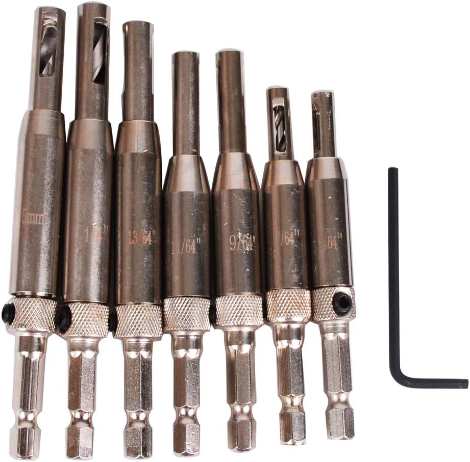 Baitaihem 7 Pcs Center Hinge Drill Bit Set Hole Puncher Hinge Tapper for Doors Self Centering Woodworking Tools