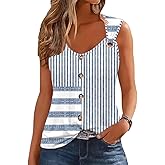 Womens Summer Tops Scoop Neck O Ring Shoulder Tank Tops Casual Sleeveless Button Front T Shirt Blouse