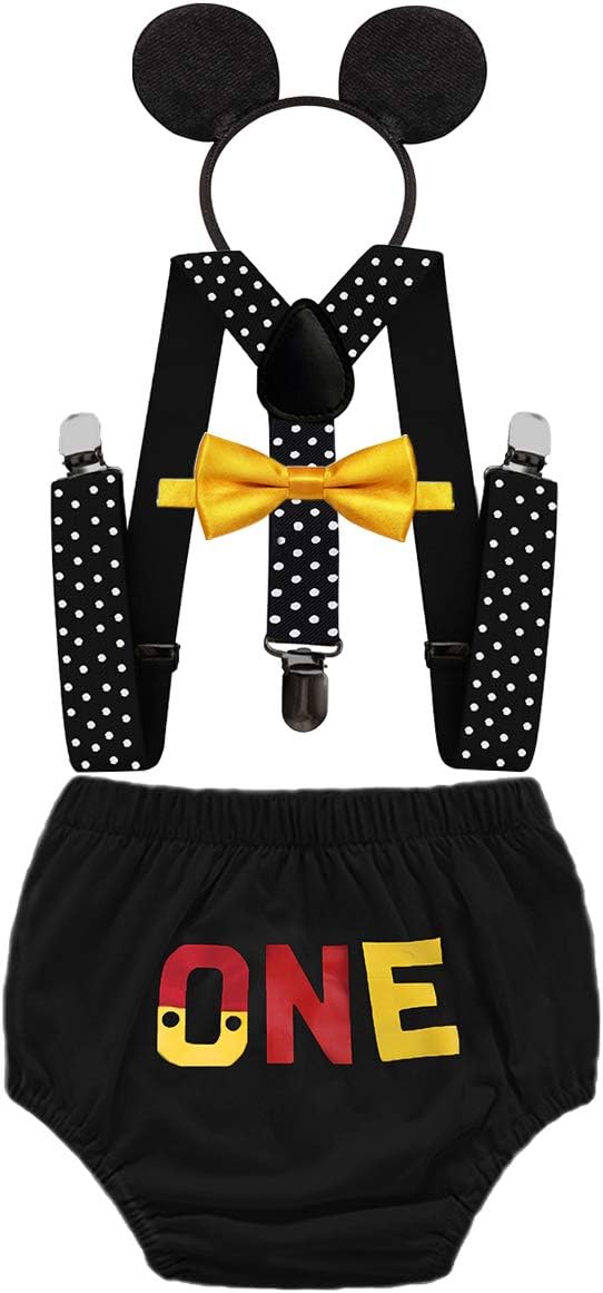 MYRISAM Baby Boys First Birthday Cake Smash Photo Prop Outfits ONE Bloomers Bow Tie Suspender Headband Baby Shower Costume