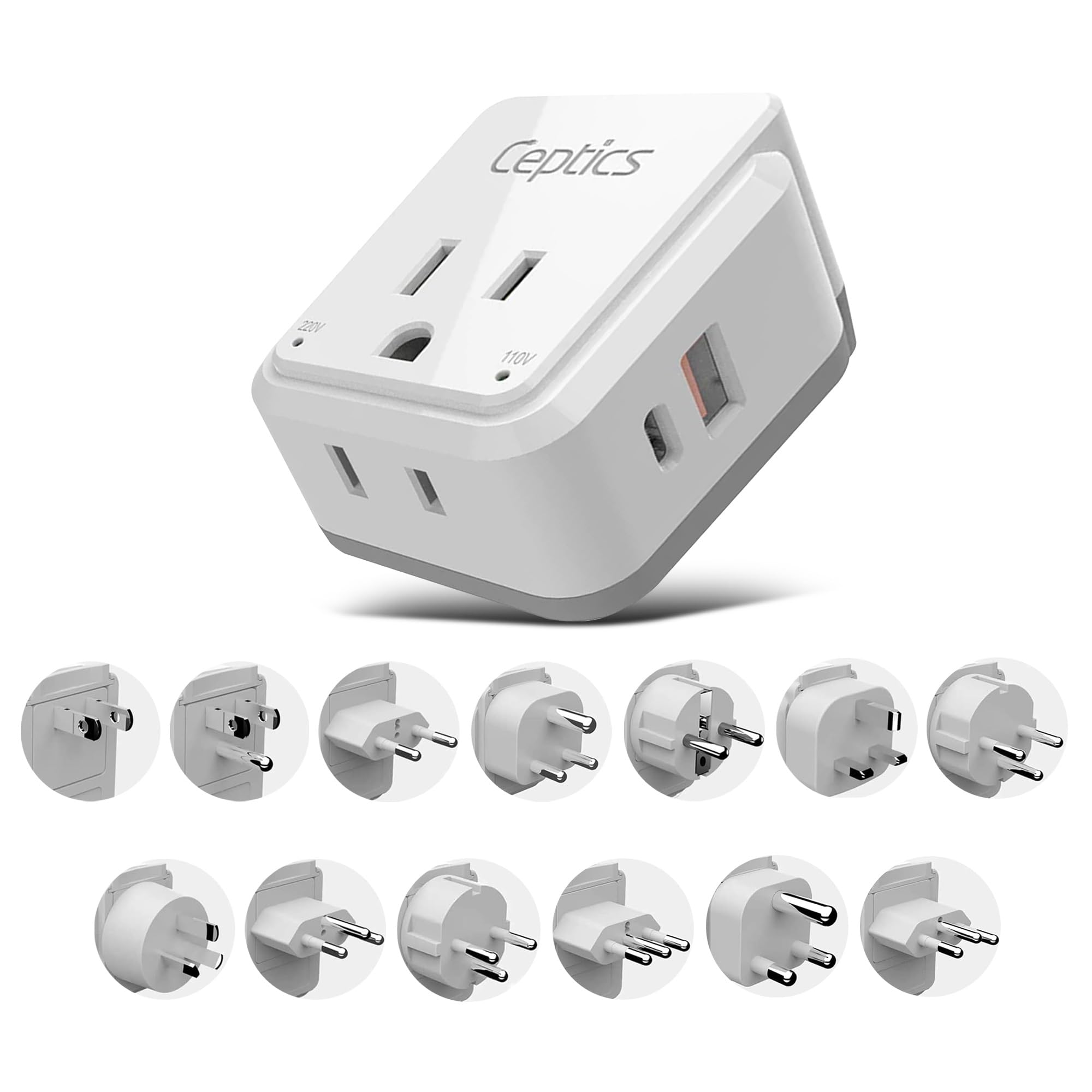 Ceptics International Power Plug Adapter Travel Set, 20W PD & QC, Safe Dual USB & USB-C 3.1A - 2 USA Outlet - Compact - Use Europe, Asia, Africa In Worldwide - Includes 13 Type SWadAPt Attachments