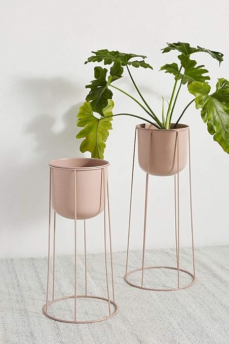 Weston Crafts Metal Planter Stand Set of 2 Modern Planters for Indoor Outdoor Kitchen Living Room Plants, Pink