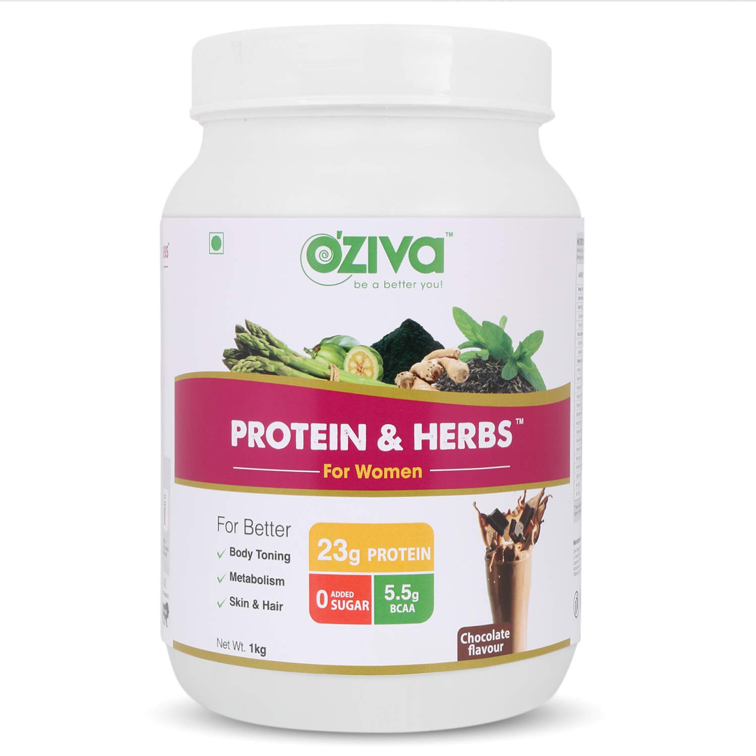 OZiva Protein & Herbs, Women with Multivitamins, Curcumin, Shatavari, Tulsi for Improved Metabolism, Hormonal Balance & Skin, Hair Health, 2.2 lbs, Chocolate. Soy Free, Gluten Free, Non GMO