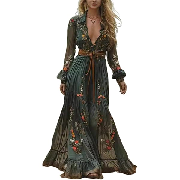 Women Vintage Pastoral Flower Maxi Dress Sexy V-Neck Long