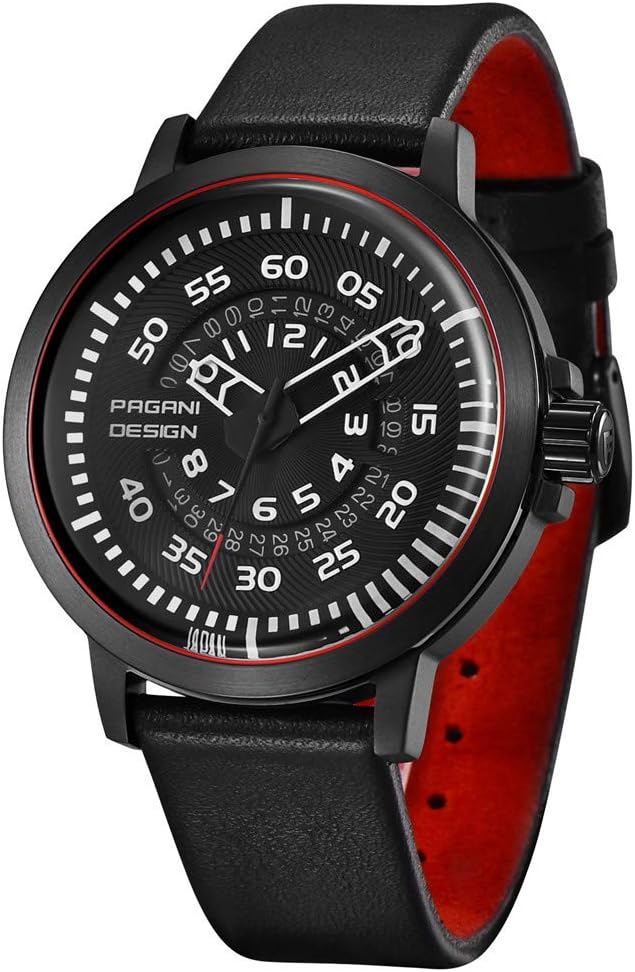 Men's Japanese Quartz Movement Watch Chronograph Waterproof Watches Business Sport Genuine Black Leather Wrist Watch (red)