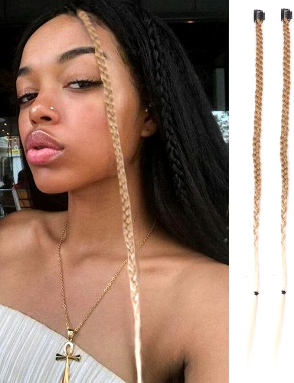 2 x Clip-In Hair Extension Highlights Streaks, Colourful Hair Highlights (Braid - Two Toned Blonde) — image 1