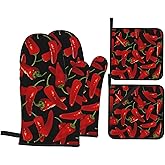 Chili Peppers Chili Oven Mitts and Pot Holders Sets of 4 High Heat Resistant Oven Mitts with Oven Gloves and Hot Pads Polyester Potholders for Kitchen Baking Grilling BBQ Non-Slip Cooking Mitts