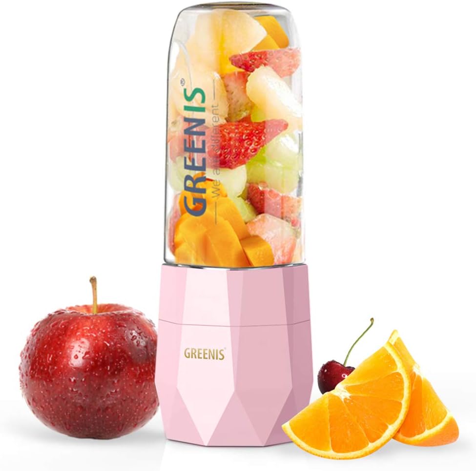 GREENIS Portable Blender, Smoothie and Shake Mixer, Personal USB Rechargeable Juicer, Portable Travel Bottle Light Pink