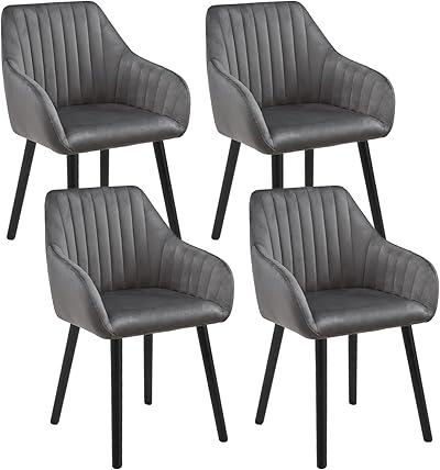 Goeurvant Stuhl Esszimmer mit Armlehne 4er Set aus Samt Esszimmerstühle Polsterstuhl Küchenstuhl Wohnzimmerstuhl mit Holzbeine und Rückenlehne, Dunkelgrau