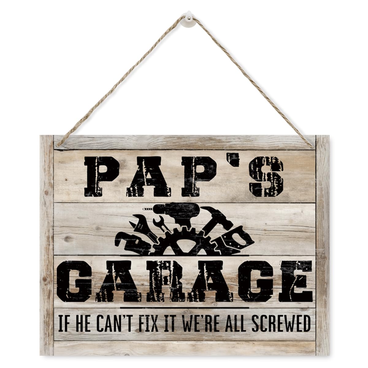 Photo 1 of 2 Sign bundle 
1) Pap's Garage Sign, Rustic Wooden Hanging Plaque Sign, Workshop Decor Art, Garage Wall Decor, Farmhouse Decor for Garage, Pappy Gift for Father's Day, If He Can't Fix It We're All Screwed Sign 
2) Lilyanaen New Metal Sign Aluminum Sign De