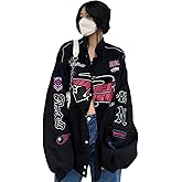 Women Y2K Vintage Varsity Jacket Hip Hop Racer Graphic Bomber Jacket Japanese Harajuku Button Up Sweatshirt Outerwear