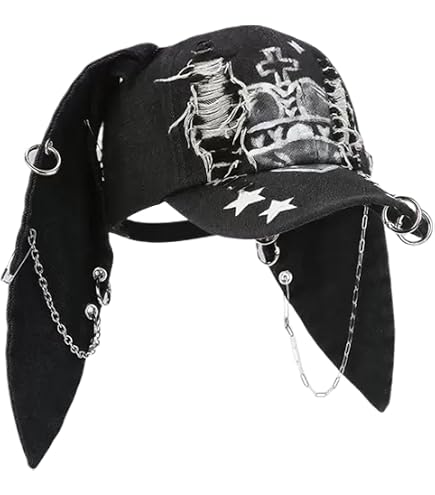Y2K Grunge Denim Baseball Cap with Cat Ears and Chains Punk Hat for Women Cat Ear Baseball Cap Iron Ring Trucker Hat Women Caps  main image 3