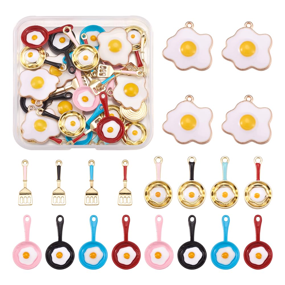 Cheriswelry 30pcs Enamel Fried Egg Pendants Frying Pan with Egg Dangle Charm for DIY Jewellery Craft Making Hole: 1.4-2mm