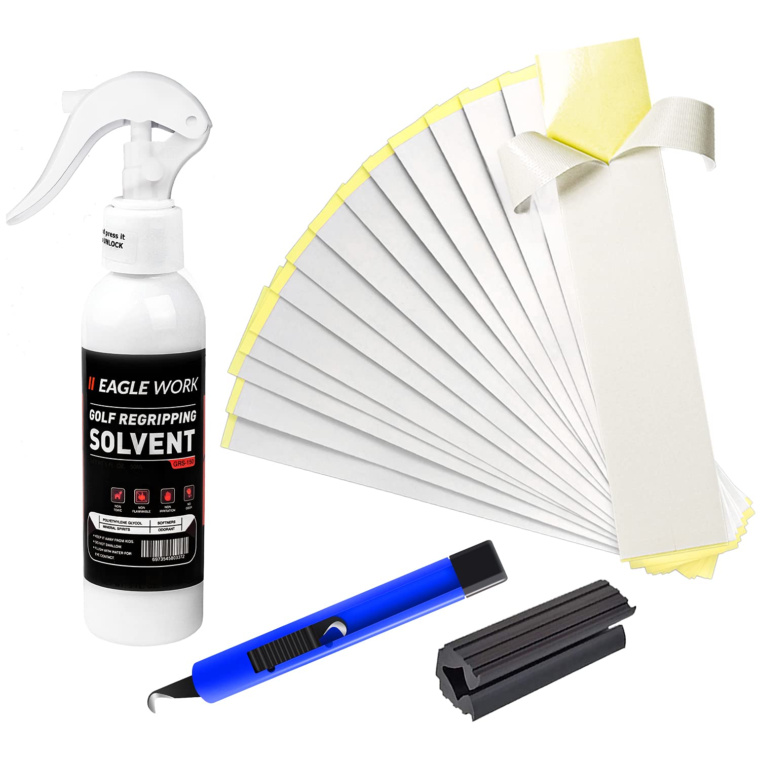 EAGLE WORK Golf Regriping Kits, 15 Scrim-Backed Tapes, 5oz Solvent, Vise Clamp and Hook Blade