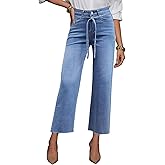Allimy Womens Jeans High Rise Belted Wide Straight Leg Frayed Hem Jeans for Women Trendy 2025 Denim Pants