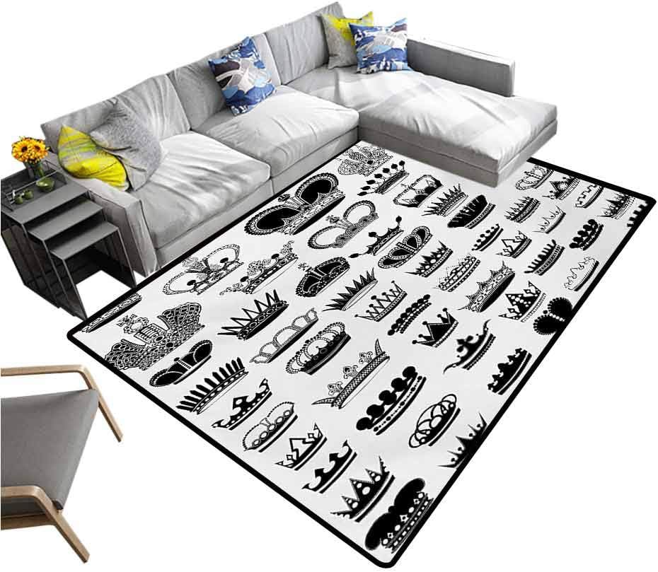 Queen Large Carpet Big Silhouette Crown Set Monarchy Imperial Ruler Icons Antique Ancient Vintage Carpet for Home Decor Black and White (5'x7')