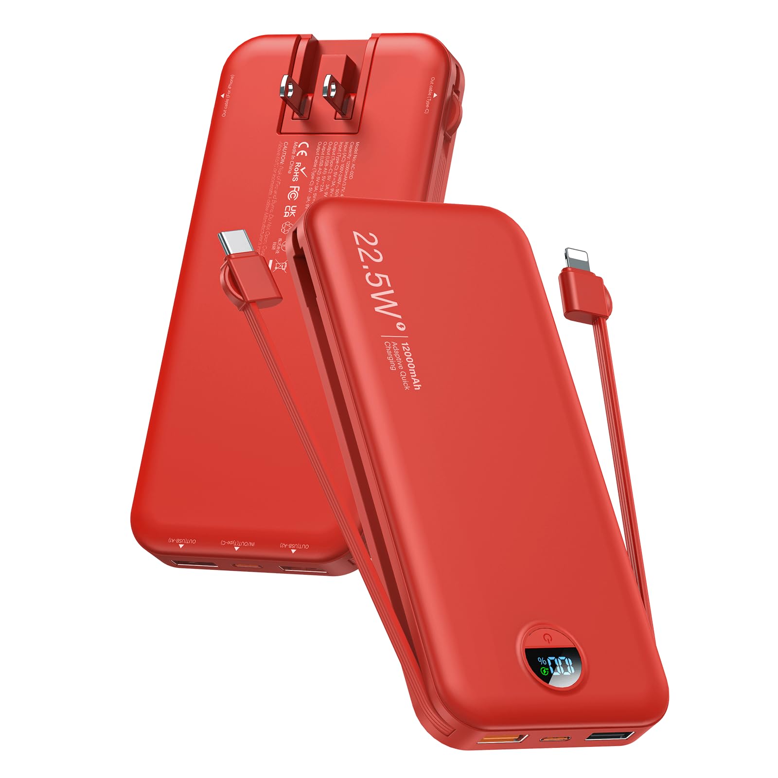 Photo 1 of Portable Charger Power Bank, 12000mAh 22.5W USB C Charger Fast Charging with Built-in Cables & Wall Plug, 5-in-1 Battery Pack with LED Display, Ultimate Travel Essential for iPhone, iPad, Samsung Red