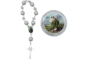 RBN 12 PC Crystal Saint Jude Car Auto Rosary with Gift Bag Perfect for First Communions, Baptism, Wedding Shower Religious Gift - Silver