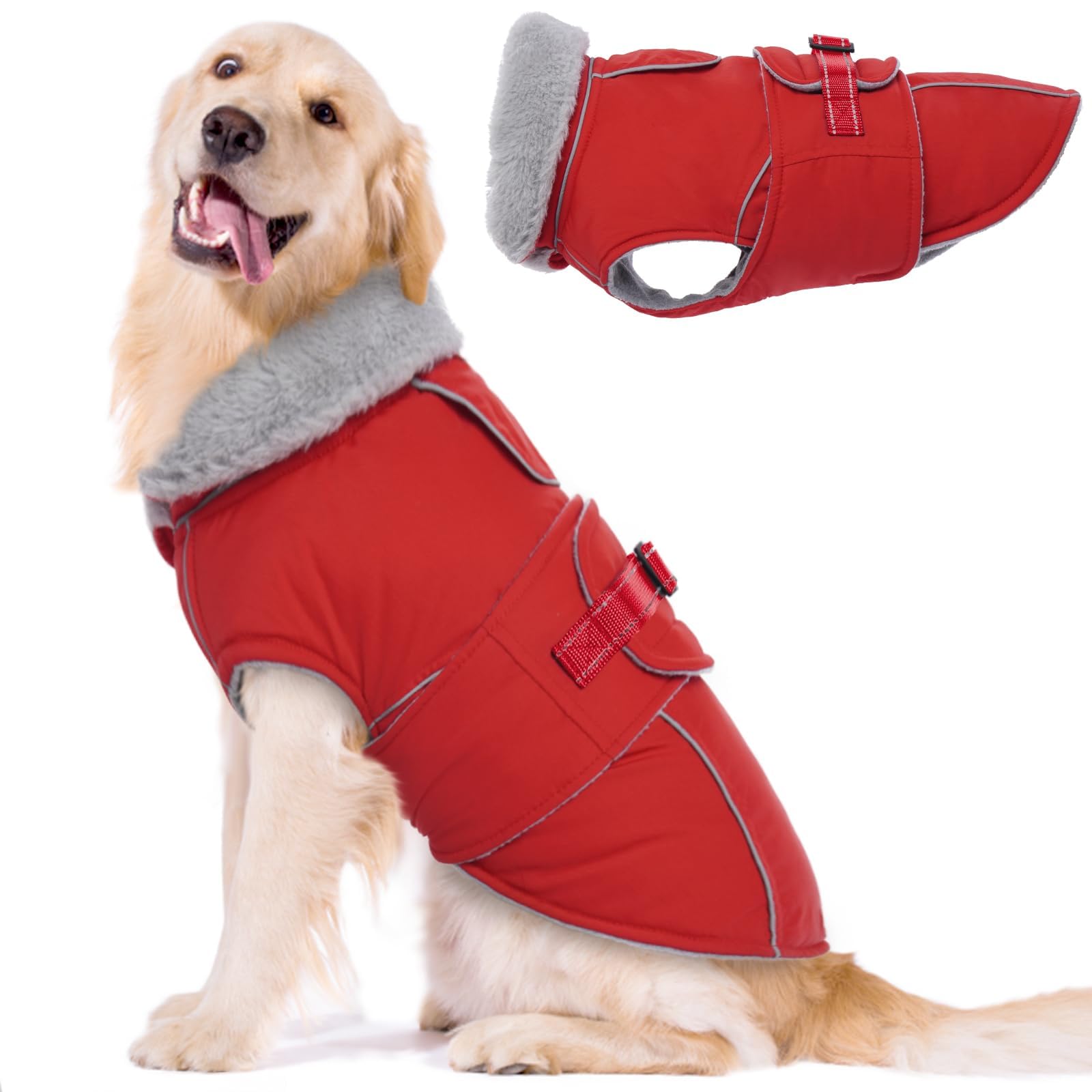 Lelepet Warm Coats and Jackets for Dogs, Waterproof Winter Dog Coat for Cold Weather, Reflective Dog Puffer Jacket, Fleece Lining Pet Coat with Harness Hole for Large Dogs, Red XL