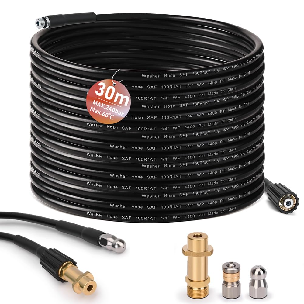 Pipe Cleaning Hose 30 m with M22 Adapter, Nozzles Rigid + Rotating, 200 Bar 60 °C Pipe Cleaning Set Suitable for Kränzle Kärcher K2-K7, Pressure Washer High Pressure Hose