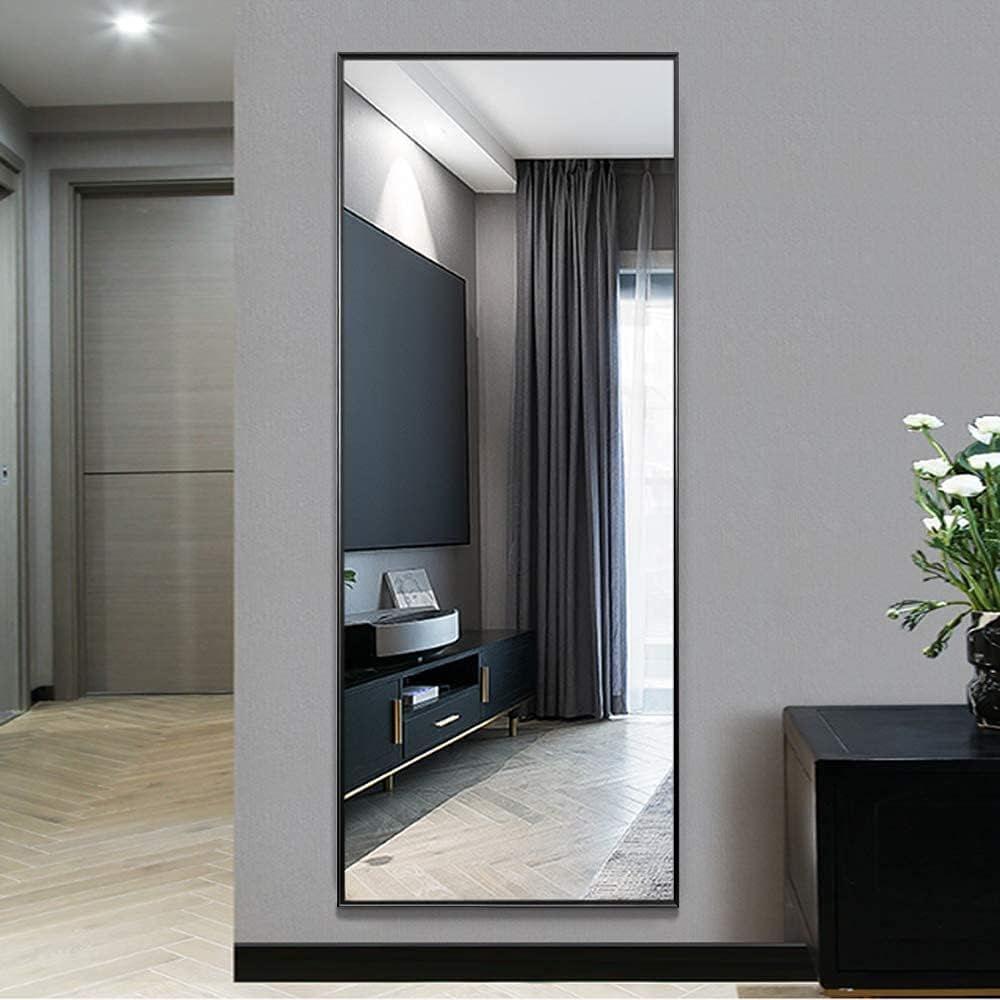 Mirrors - NeuType Full Length Mirror Standing Hanging or Leaning Against Wall, Large, Rectangle, Bedroom Wall-Mounted Floor Dressing Mirror, Aluminum Alloy Thin Frame, Black, 65