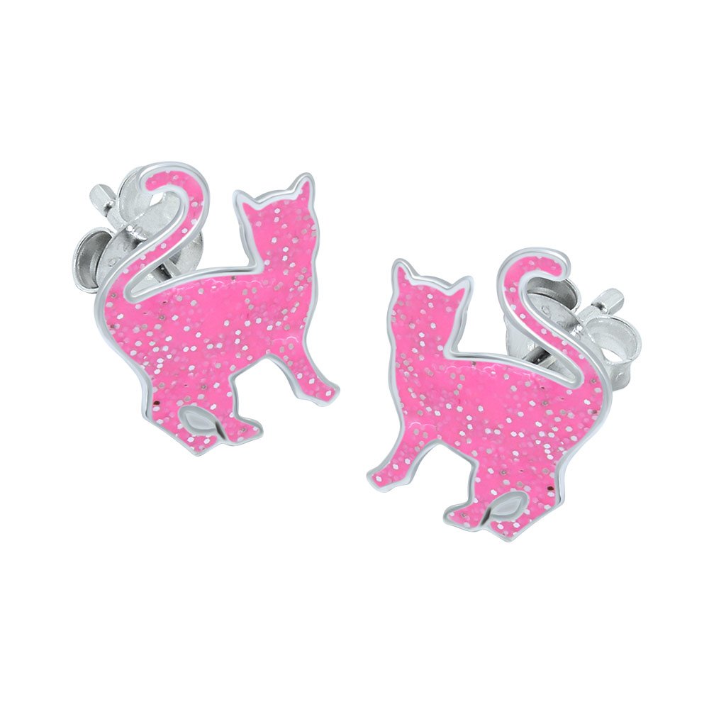Pink Glitter Cat Earrings - Sterling Silver Gift