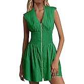 Fisoew Women's Sleeveless Tank Mini Dress Casual Zip Front V Neck Loose Summer Smocked Dresses with Pockets