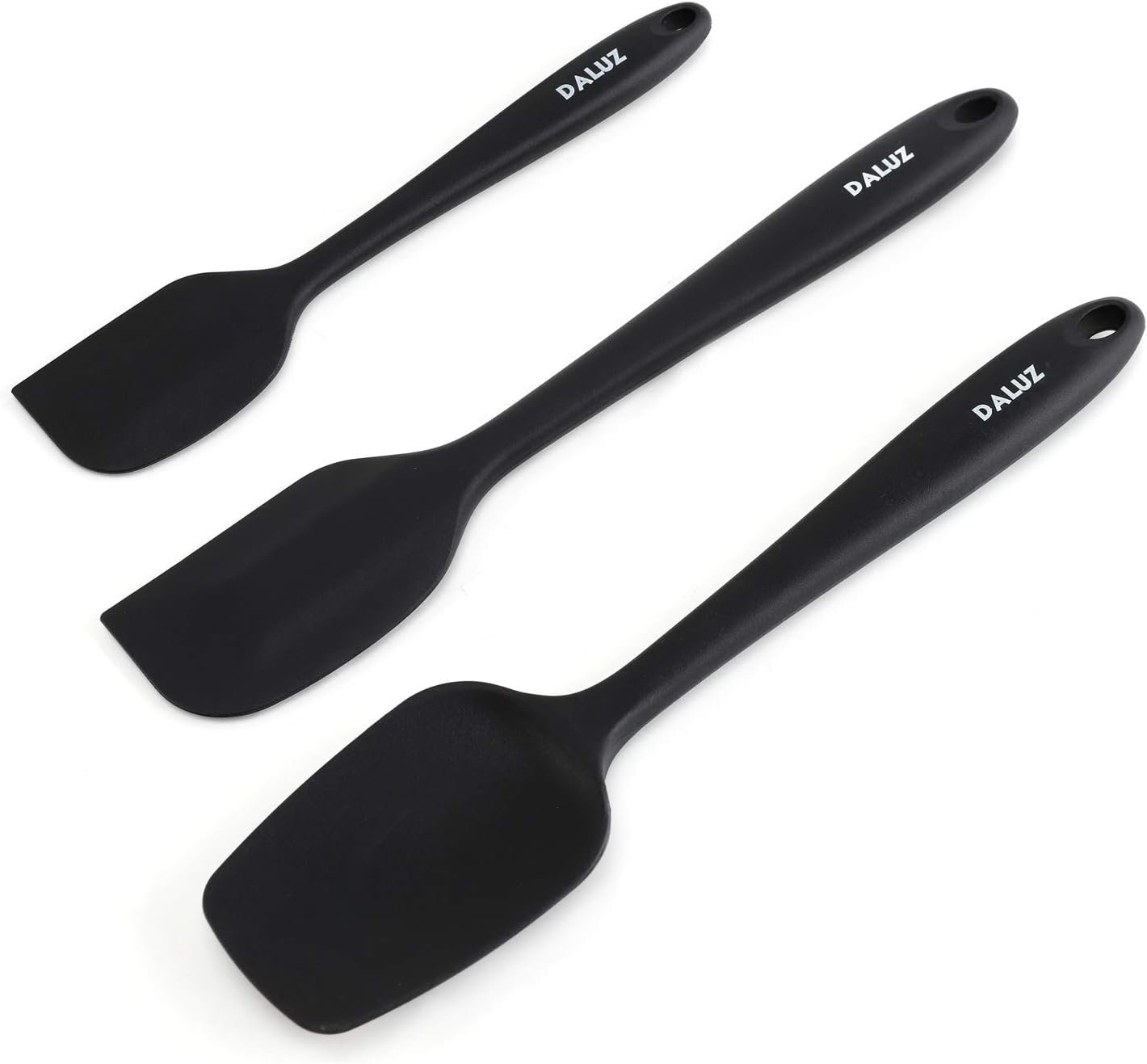 DALUZ Silicone Spatula Set 3 Piece-Mini, Large Rubber Scraper& Spoonula 500F Heat Resistant with Stainless Steel Filler for Cooking Baking and Mixing (Black)