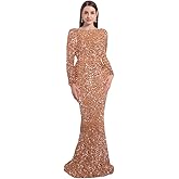 Velvet Stretch Sequin Formal Dress Long Sleeve Boat Neck Maxi Gown