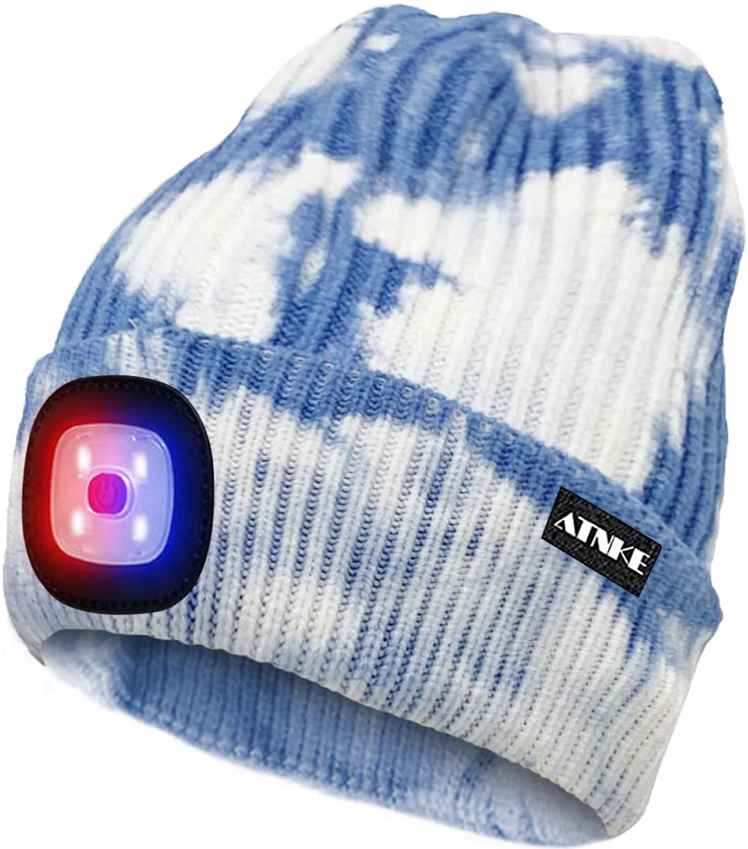 ATNKE LED Lighted Beanie Cap,USB Rechargeable 4 LED Red and Blue Glow Flashing Running Headlamp Hat Winter Warm Gifts for Men and Women/Tie Dye Blue